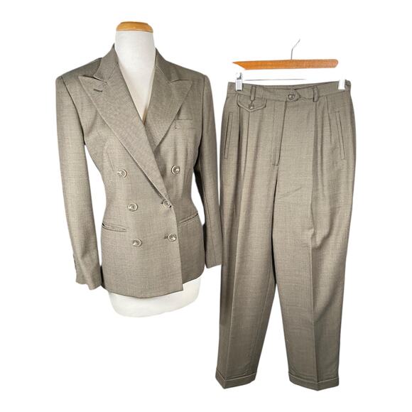 Vintage Lauren Ralph Lauren 100% Wool Petite Suit Set 10P |Taupe Blazer & Pants - Picture 1 of 16